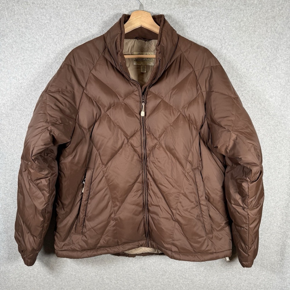 Cabelas Goose Down Puffer Jacket Brown Diamond Quilted 650 Fill Power womens L